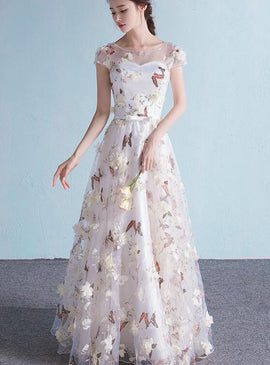Elegant Flowers Tulle Cap Sleeves Prom Dres, A-line Long Prom Dress
