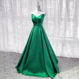 Green Satin A-line Floor Length Long Evening Dress Party Dress, Green Long Prom Dress