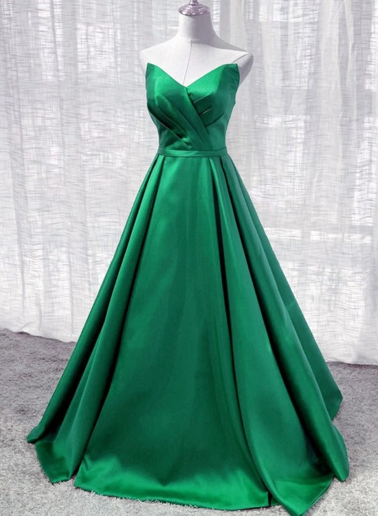 Green Satin A-line Floor Length Long Evening Dress Party Dress, Green Long Prom Dress