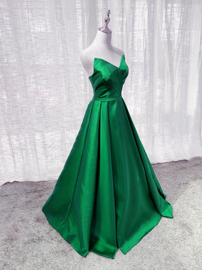 Green Satin A-line Floor Length Long Evening Dress Party Dress, Green
