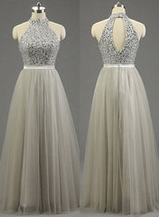 Sequins Grey Long Prom Dress, Charming Party Dresses, High Neck Formal Gowns