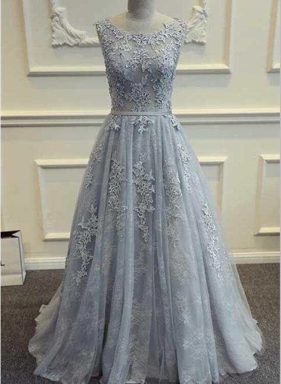 Grey Prom Dress , Tulle and Lace Evening Gowns, Formal Gowns