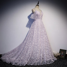 Glam Floral Tulle Off Shoulder Long Party Dress Formal Dress, Tulle Wedding Party Dresses