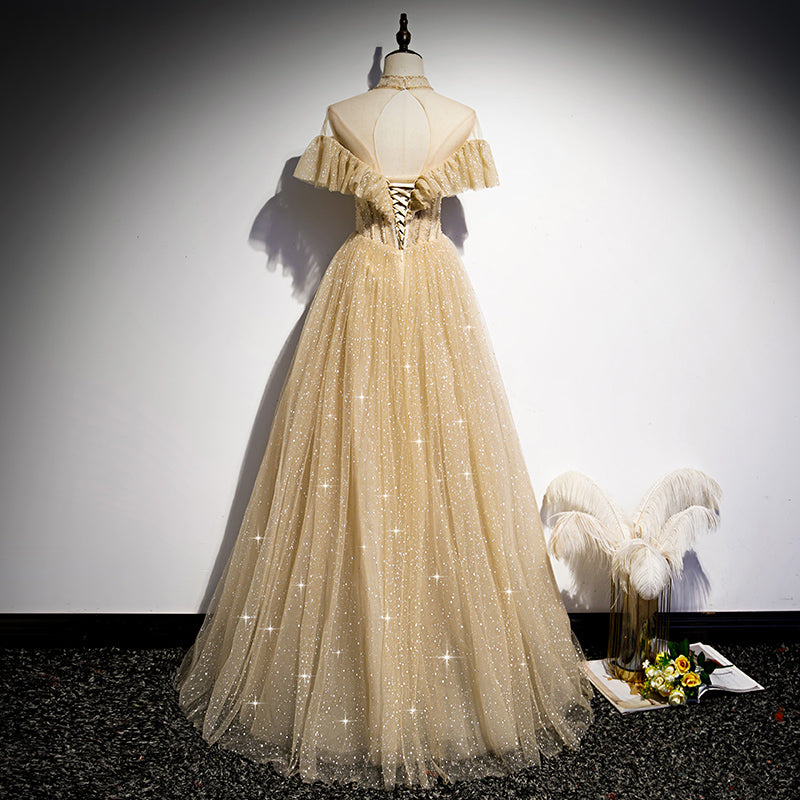Gold Shiny Tulle High Neckline Long Formal Dress Prom Dress, Chic Tull Cutedressy Gold Shiny Tulle High Neckline Long Formal Dress Prom Dress, Chic Tull Cutedressy