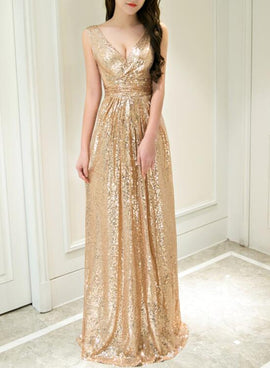 Gold Sequins V-neckline A-line Prom Dress , Sequins Junior Prom Dresses, Formal Dress