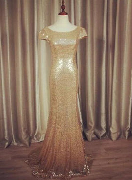 Gold Sequins Cap Sleeves Mermaid Bridesmaid Dresses, Sequins Bridesmaid Dress, Long Party Dress