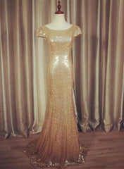 Gold Sequins Cap Sleeves Mermaid Bridesmaid Dresses, Sequins Bridesmaid Dress, Long Party Dress