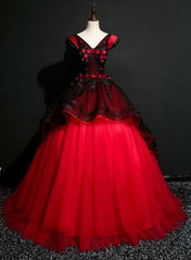 Gorgeous Black and Red Embroidery Quinceanera Dresses, Lace Applique Tulle Gowns
