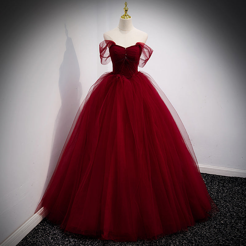 Gorgeous Wine Red Ball Gown Beaded Sweetheart Long Formal Dress, Dark Cutedressy Gorgeous Wine Red Ball Gown Beaded Sweetheart Long Formal Dress, Dark Cutedressy