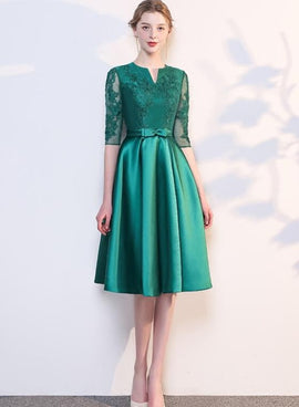 Green Satin Lace Knee Length Short Sleeves Bridesmaid Dress, Green Short Party Dress Homecoming Dress