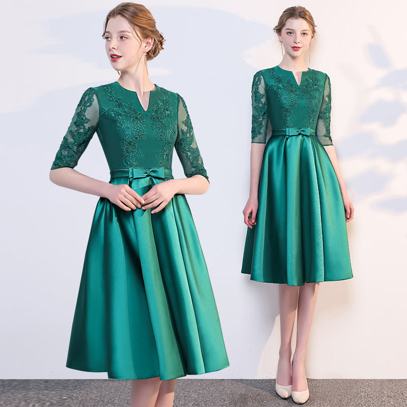 Green Satin Lace Knee Length Short Sleeves Bridesmaid Dress, Green Short Party Dress Homecoming Dress