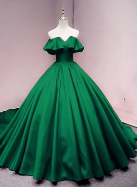 Green Satin Sweetheart Off Shoulder Ball Gown Long Sweet 16 Dress, Green Quinceanera Dress