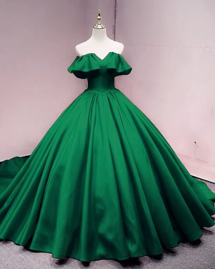 Green Satin Sweetheart Off Shoulder Ball Gown Long Sweet 16 Dress, Green Quinceanera Dress