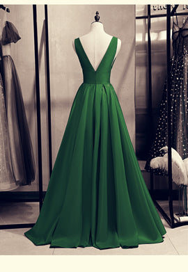 Green Satin V-neckline Low Back Floor Length Prom Dress Evening Dress, Green Party Dress Formal Dress