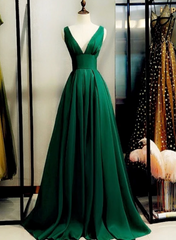 Green Satin V-neckline Low Back Floor Length Prom Dress Evening Dress, Green Party Dress Formal Dress