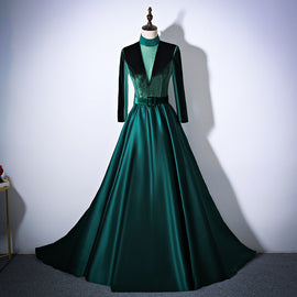 Green Satin and Velvet Long Evening Dress Party Dress, Long Sleeves Formal Dresses