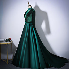 Green Satin and Velvet Long Evening Dress Party Dress, Long Sleeves Formal Dresses