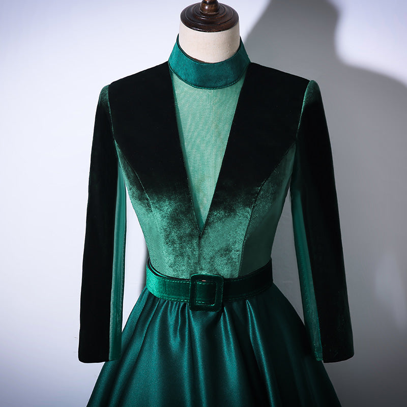 Green Satin and Velvet Long Evening Dress Party Dress, Long Sleeves Fo Cutedressy Green Satin and Velvet Long Evening Dress Party Dress, Long Sleeves Fo Cutedressy