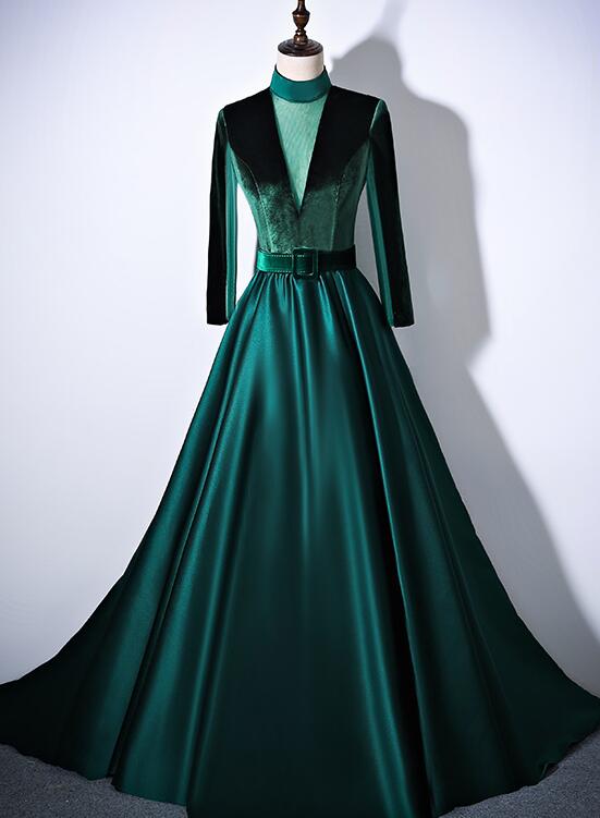 Green Satin and Velvet Long Evening Dress Party Dress, Long Sleeves Fo ...