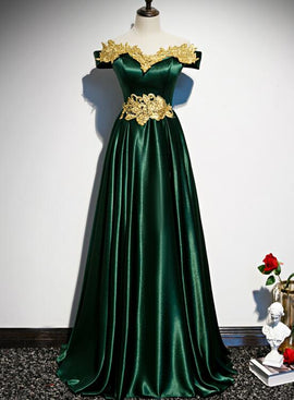 Green Satin with Gold Lace Off Shoulder Long Evening Dress, Green Prom Dresses