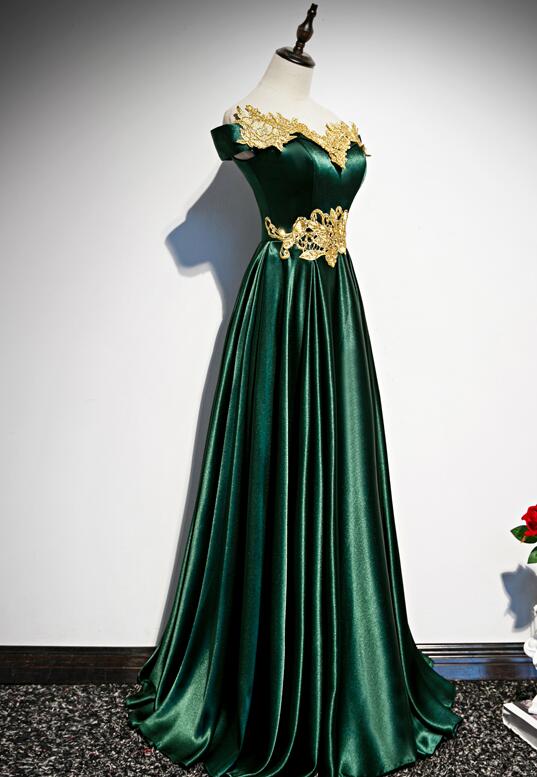 Green Satin with Gold Lace Off Shoulder Long Evening Dress, Green Prom