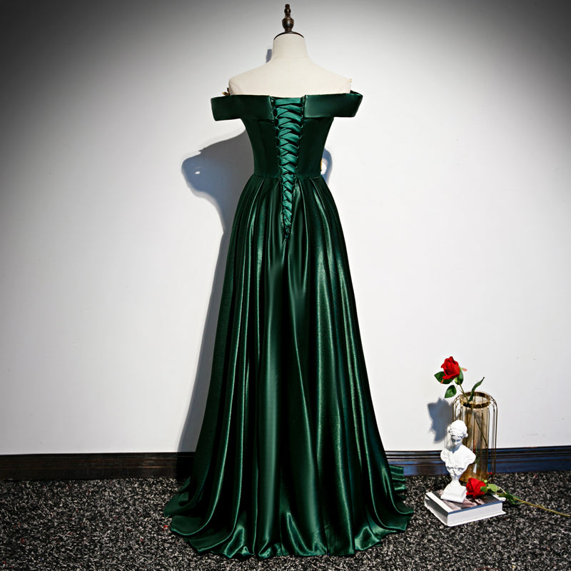 Green Satin with Gold Lace Off Shoulder Long Evening Dress, Green Prom Cutedressy Green Satin with Gold Lace Off Shoulder Long Evening Dress, Green Prom Cutedressy
