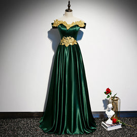 Green Satin with Gold Lace Off Shoulder Long Evening Dress, Green Prom Dresses