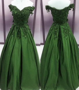 Green Satin with Lace Applique Beaded Floor Length Party Dress, Green Junior Prom Dresses