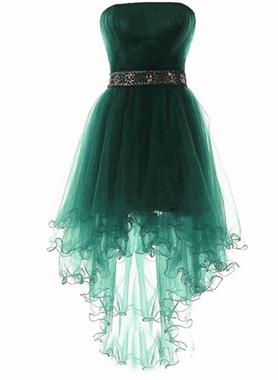 Green Tulle Beaded High Low Scoop Party Dress, Green Short Prom Dresses