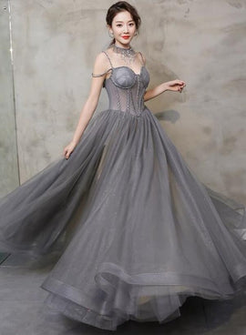 Grey Chic Tulle Beaded Sweetheart Lace-up Long Party Dress, Grey Prom Dresses Sweet 16 Dresses