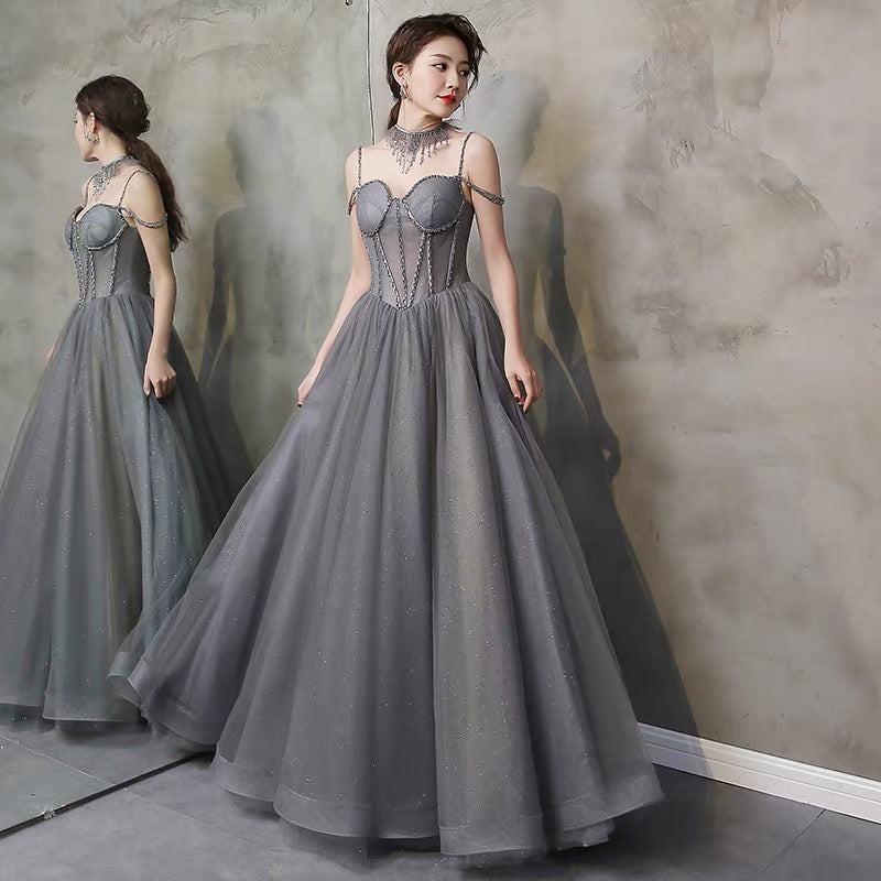 Grey Chic Tulle Beaded Sweetheart Lace-up Long Party Dress, Grey Prom Cutedressy Grey Chic Tulle Beaded Sweetheart Lace-up Long Party Dress, Grey Prom Cutedressy