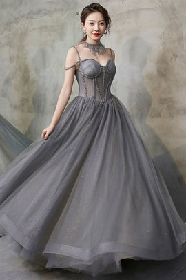 Grey Chic Tulle Beaded Sweetheart Lace-up Long Party Dress, Grey Prom Dresses Sweet 16 Dresses