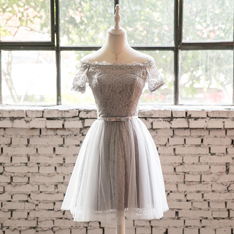 Grey Lace Tulle Short Sleeves Homecoming Dress Party Dress, Light Grey Formal Dresses Grey Lace Tulle Short Sleeves Homecoming Dress Party Dress, Light Grey Formal Dresses