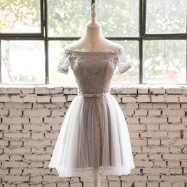 Grey Lace Tulle Short Sleeves Homecoming Dress Party Dress, Light Grey Formal Dresses