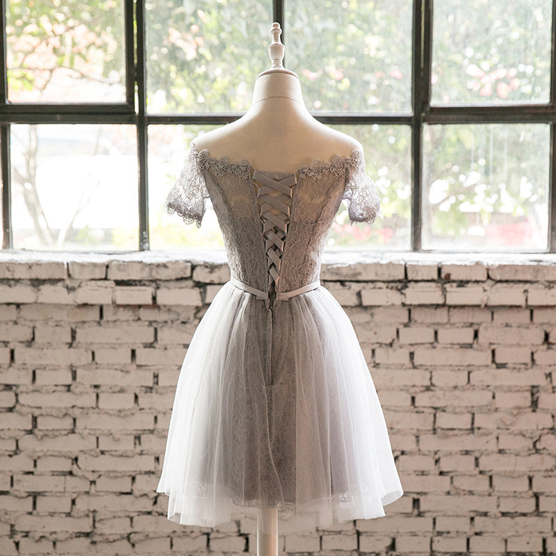Grey Lace Tulle Short Sleeves Homecoming Dress Party Dress, Light Grey Formal Dresses Grey Lace Tulle Short Sleeves Homecoming Dress Party Dress, Light Grey Formal Dresses