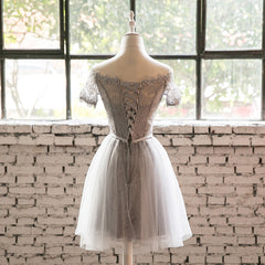 Grey Lace Tulle Short Sleeves Homecoming Dress Party Dress, Light Grey Formal Dresses