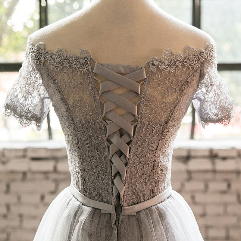 Grey Lace Tulle Short Sleeves Homecoming Dress Party Dress, Light Grey Cutedressy Grey Lace Tulle Short Sleeves Homecoming Dress Party Dress, Light Grey Cutedressy