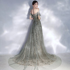 Grey Off Shoulder Lace and Tulle Long Evening Dresses Party Dresses, Off Shoulder Prom Dresses