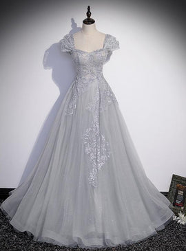 Grey Sweetheart Lace and Tulle A-line Evening Dress, Light Grey Prom Dress