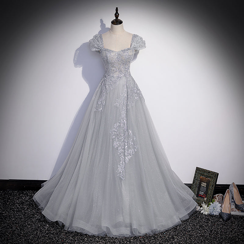Grey Tulle Sweetheart Party Dress, A-Line Tulle Floor Length Prom Dress Evening Dress