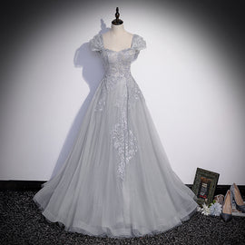 Grey Sweetheart Lace and Tulle A-line Evening Dress, Light Grey Prom Dress