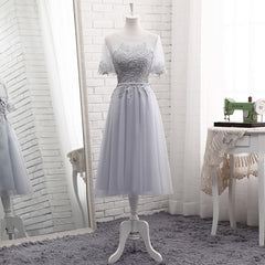 Grey Tulle with Lovely Lace Applique Wedding Party Dress, Grey Tulle A-line Prom Dress Formal Dress