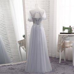 Grey Tulle with Lovely Lace Applique Wedding Party Dress, Grey Tulle A-line Prom Dress Formal Dress