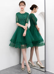 Charming Dark Green Tulle Knee Length Short Sleeves Party Dress, Green Bridesmaid Dress