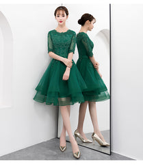 Charming Dark Green Tulle Knee Length Short Sleeves Party Dress, Green Bridesmaid Dress