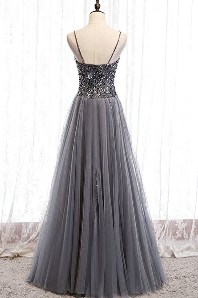 Grey Gradient Tulle Beaded A-line Lace-up Party Dress, Grey Long Prom Dress