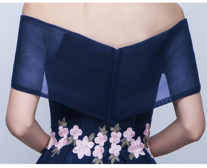 Chic Off The Shoulder Navy Blue High Low Prom Dresses, Blue Homecoming Cutedressy Chic Off The Shoulder Navy Blue High Low Prom Dresses, Blue Homecoming Cutedressy