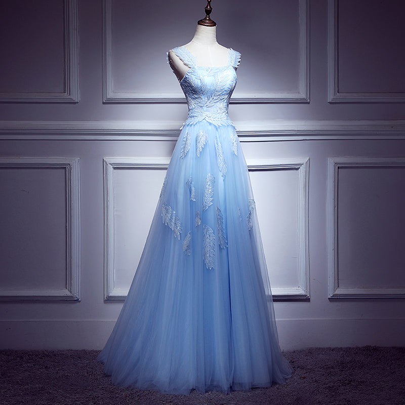 Lovely Light Blue Lace Applique Tulle Prom Dress, Blue Junior Party Dr – Cutedressy