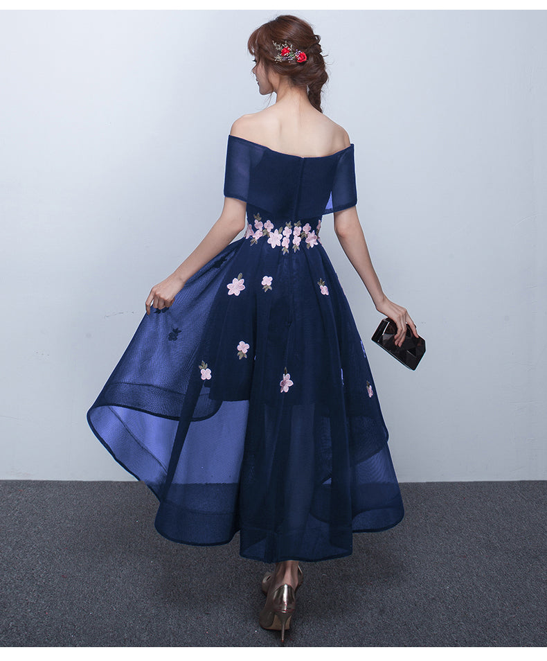Chic Off The Shoulder Navy Blue High Low Prom Dresses, Blue Homecoming Cutedressy Chic Off The Shoulder Navy Blue High Low Prom Dresses, Blue Homecoming Cutedressy
