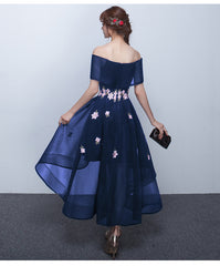 Chic Off The Shoulder Navy Blue High Low Prom Dresses, Blue Homecoming Dress